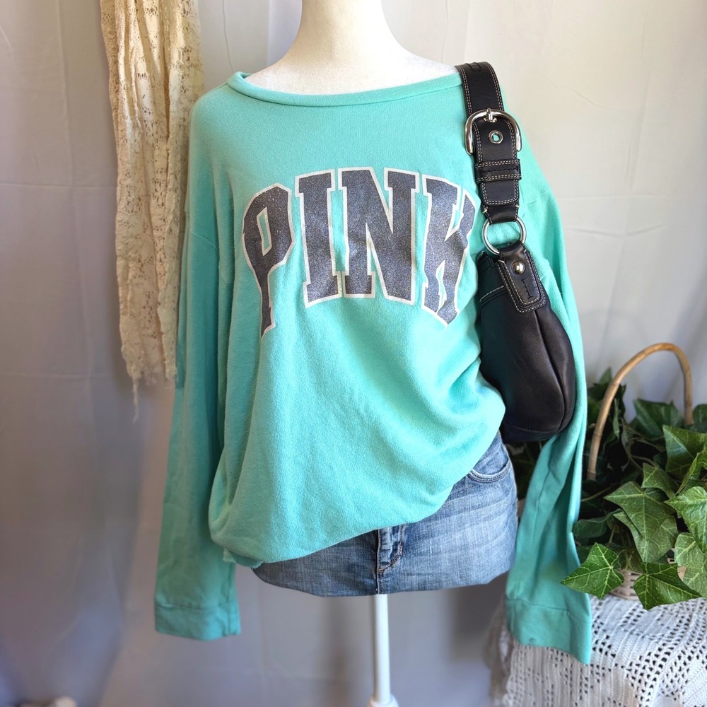 Y2K Teal Victoria's Secret PINK Aqua Glitter Graphic Pullover Long Sleeve